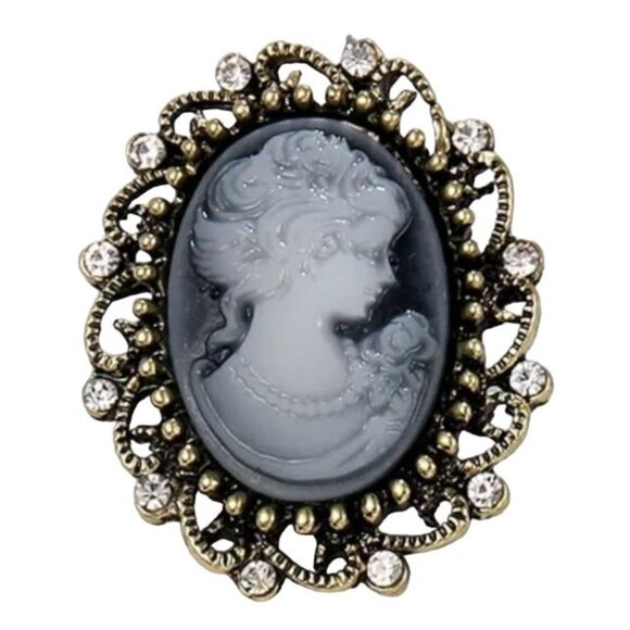 unbrandded Jewelry - Black & Gray Cameo Brooch Gold Tone with Clear Stones